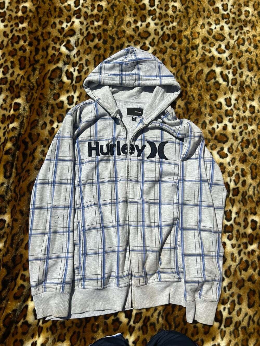 Hurley Men's Vintage XL Zip Up Plaid  Hoodie Gray Blue Surfwear Y2K